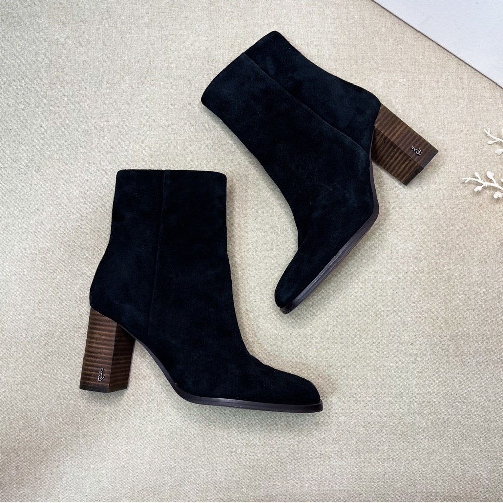 Sam Edelman Osten Black Suede Leather Stacked Heel Mid Calf Boots Shoes 8 - Picture 10 of 15